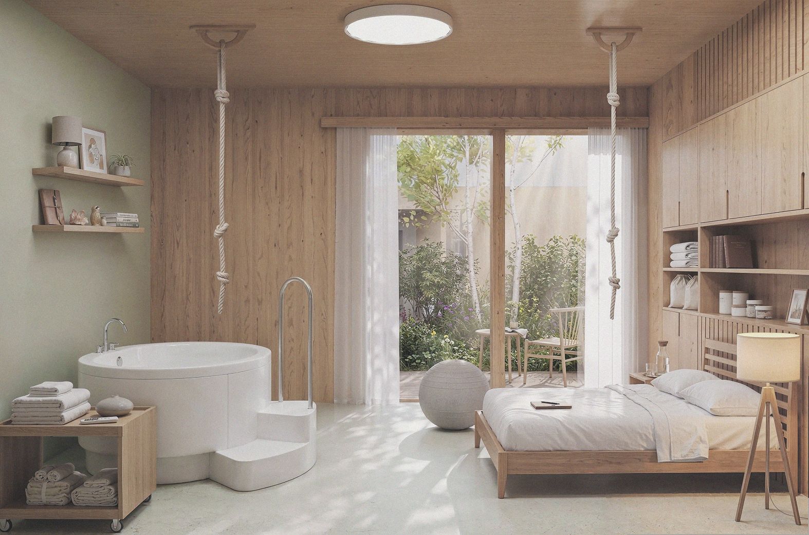 Birth suite with a tub, space to move, a bed and a private garden.