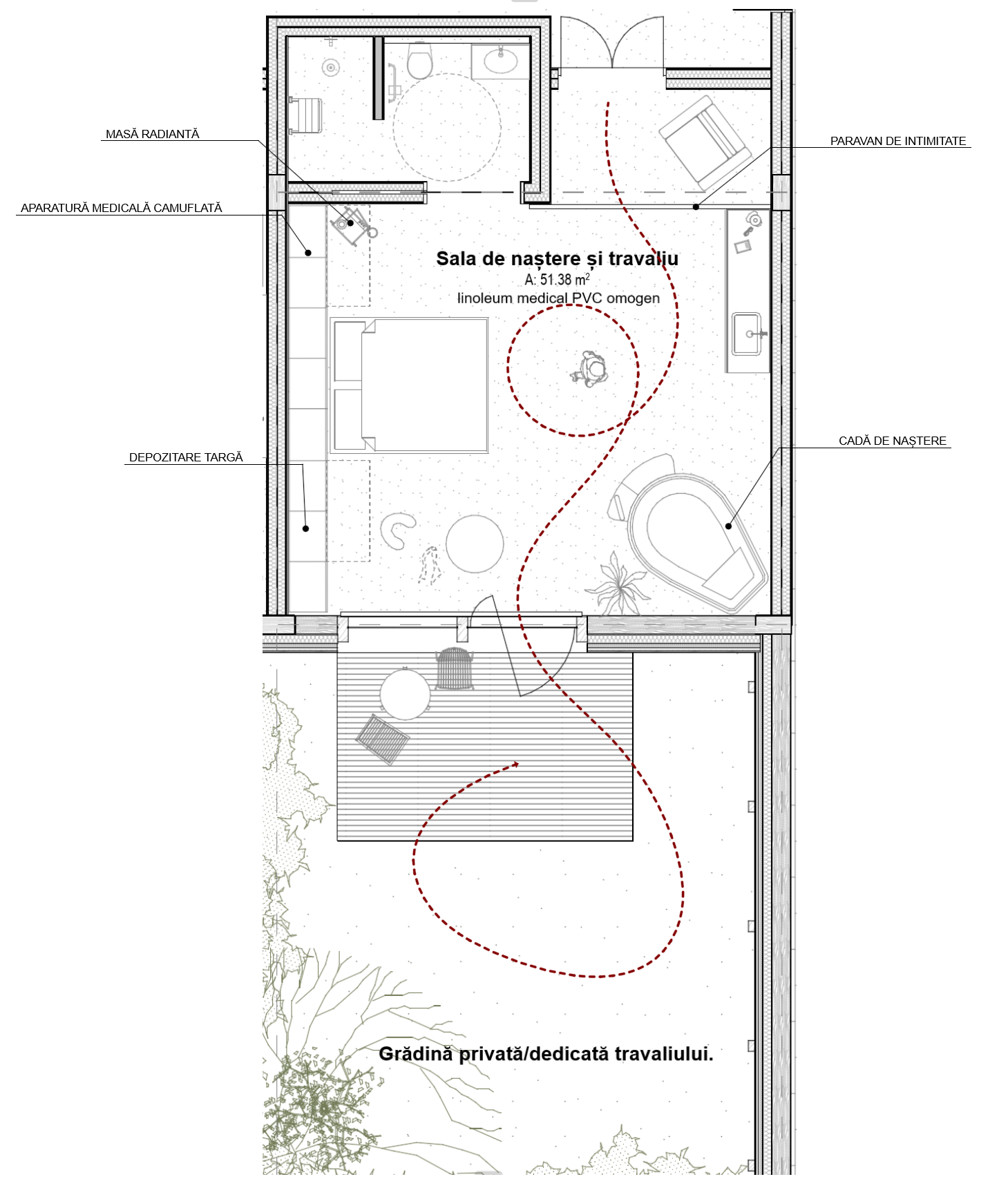 Detailed plan of the birth suite showing the tub, privacy screen, stored equipment and private garden.