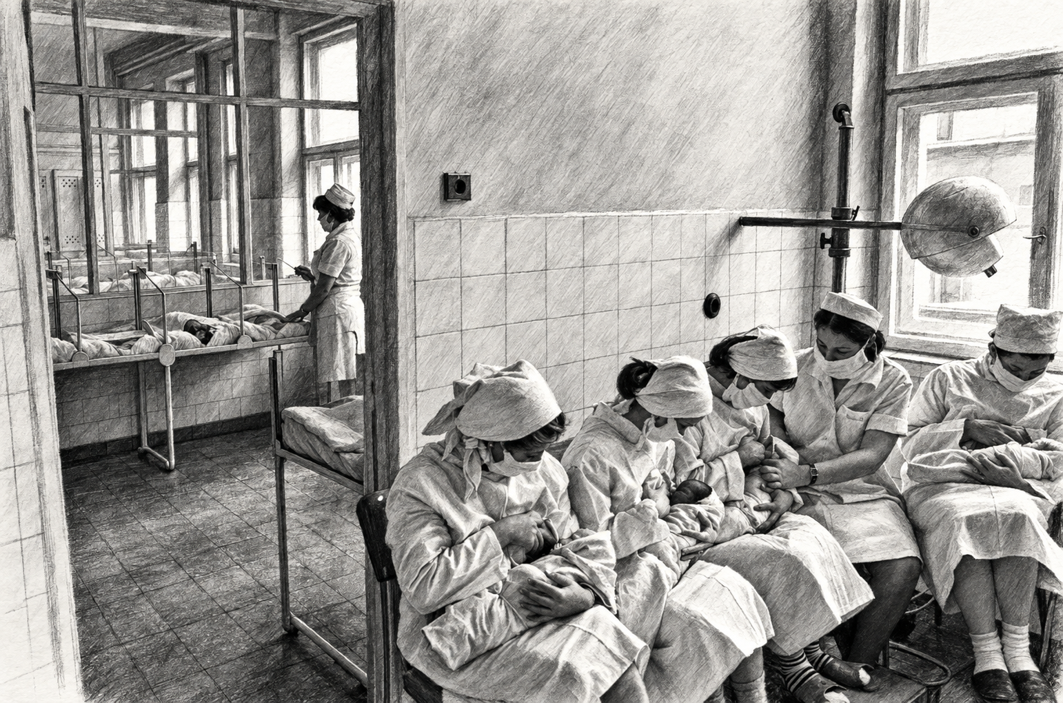 Black-and-white charcoal reproduction of maternity care at Caritas Hospital, with women holding newborns and nursing staff.