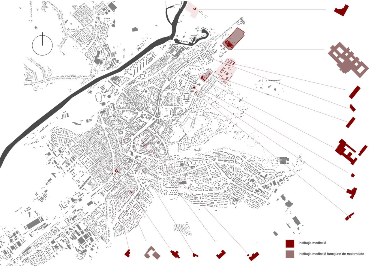 Urban map of Târgu Mureș highlighting medical buildings and the landscape edge.