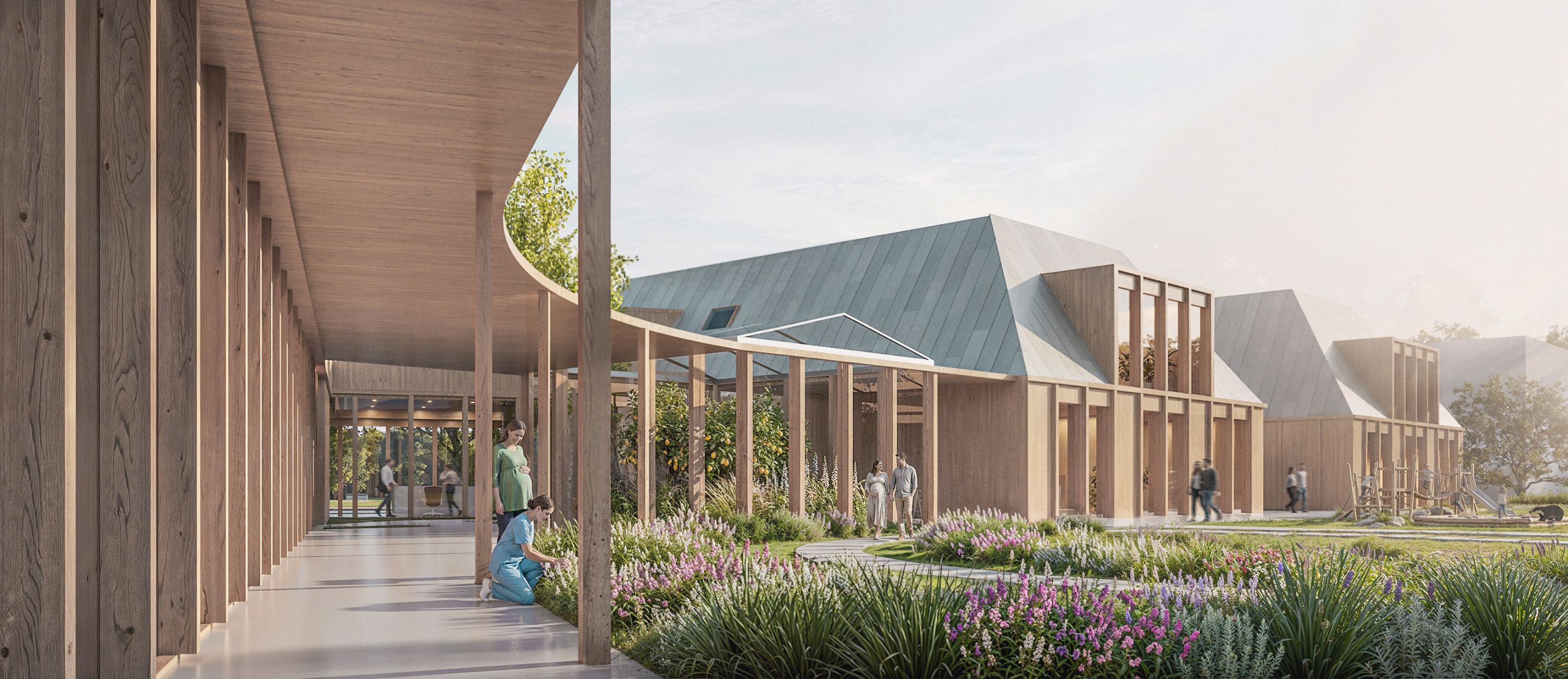 Covered timber route overlooking the courtyard and garden.