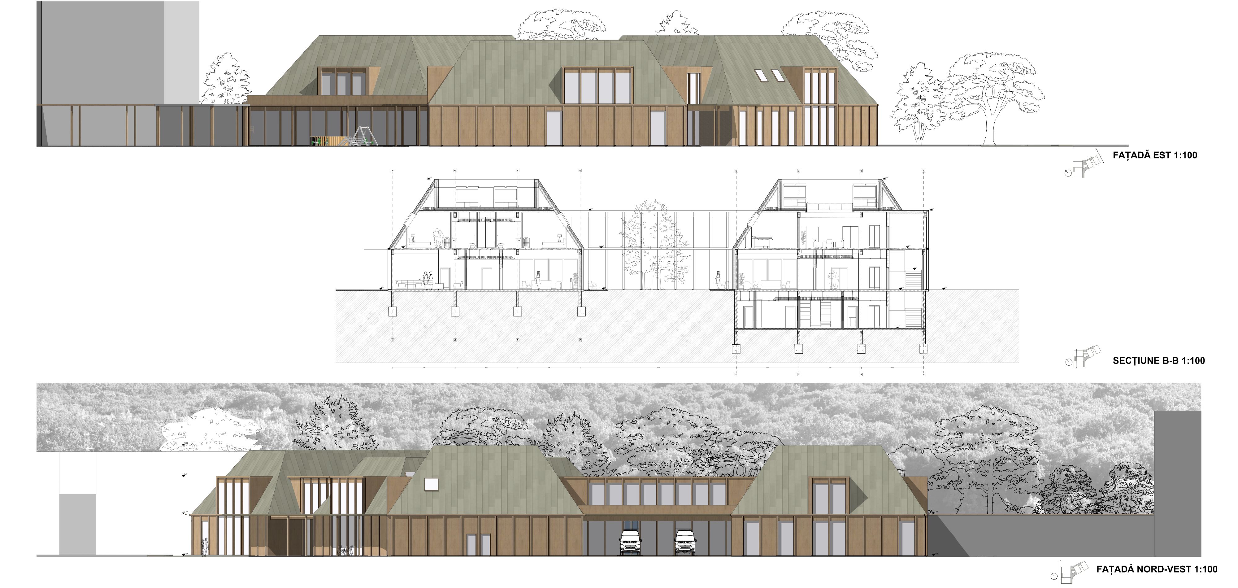Additional elevations and a cross-section of the centre.