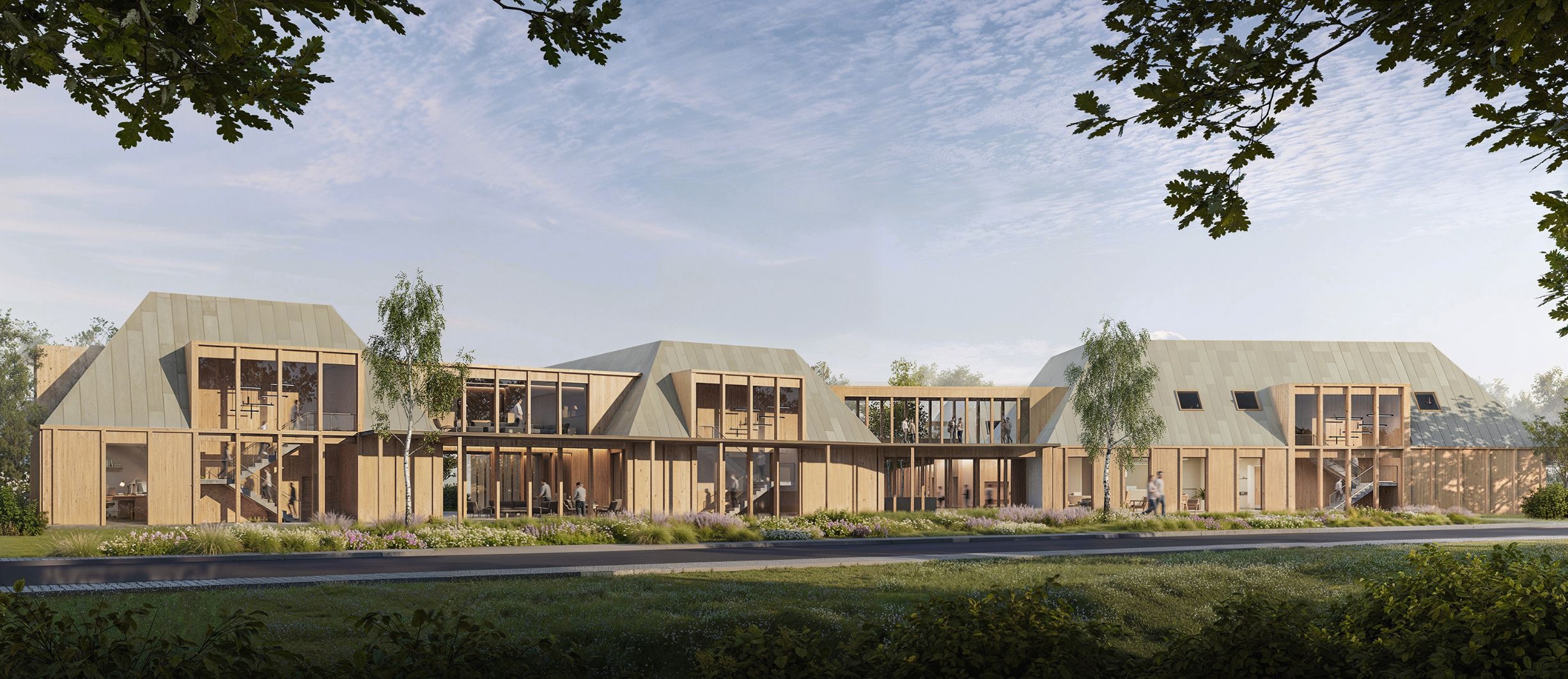 Timber buildings opening towards the planted gardens.