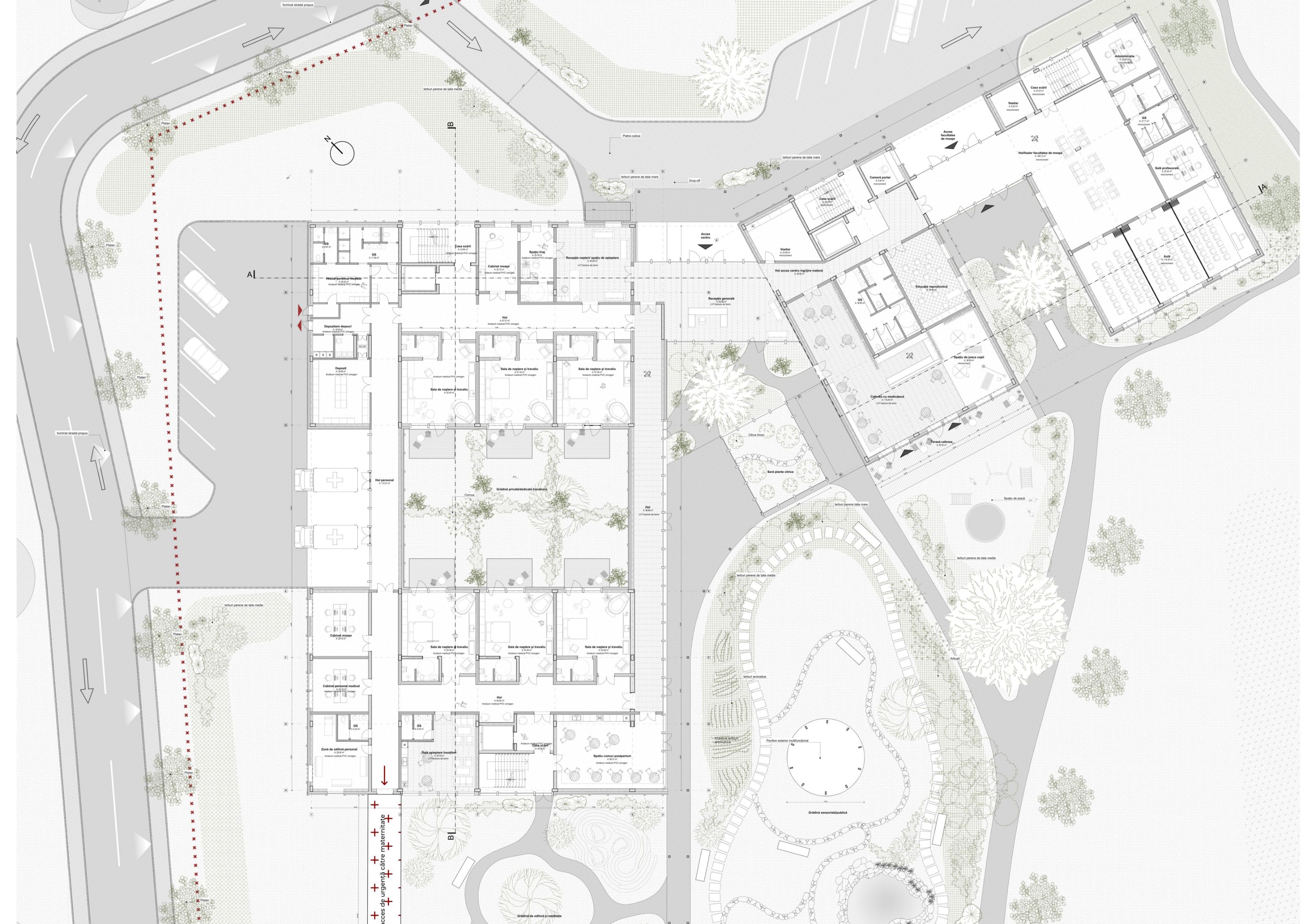 Ground floor: Birth and care spaces organised around courtyards, gardens and circulation.