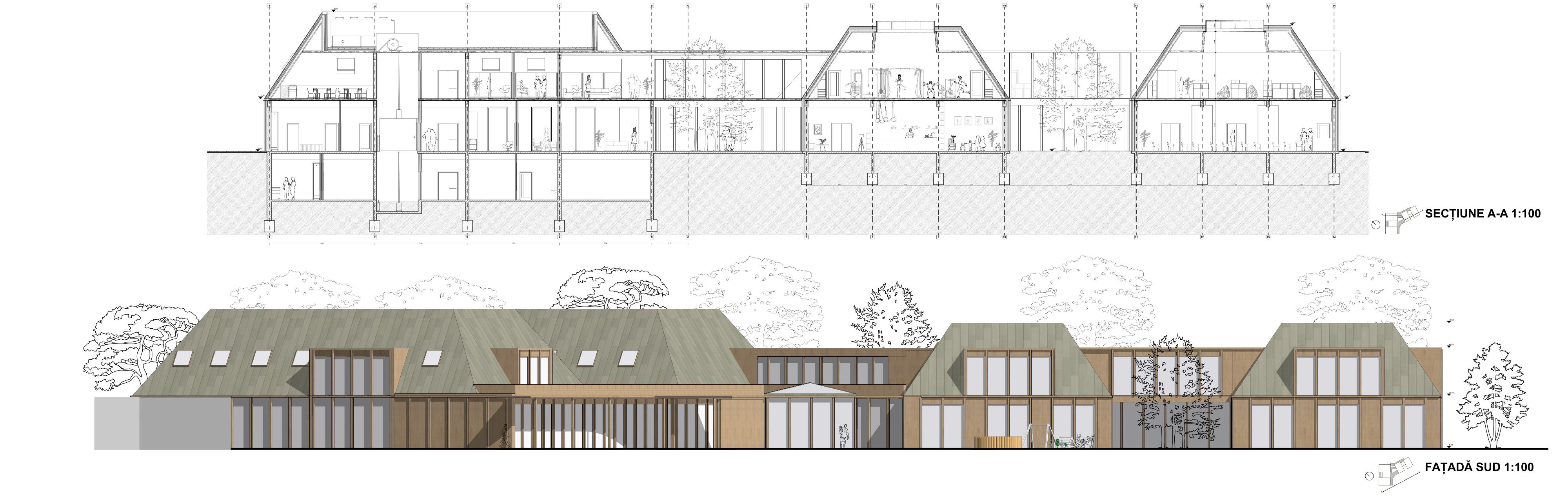 Building section and elevation showing room heights, structure and roof forms.