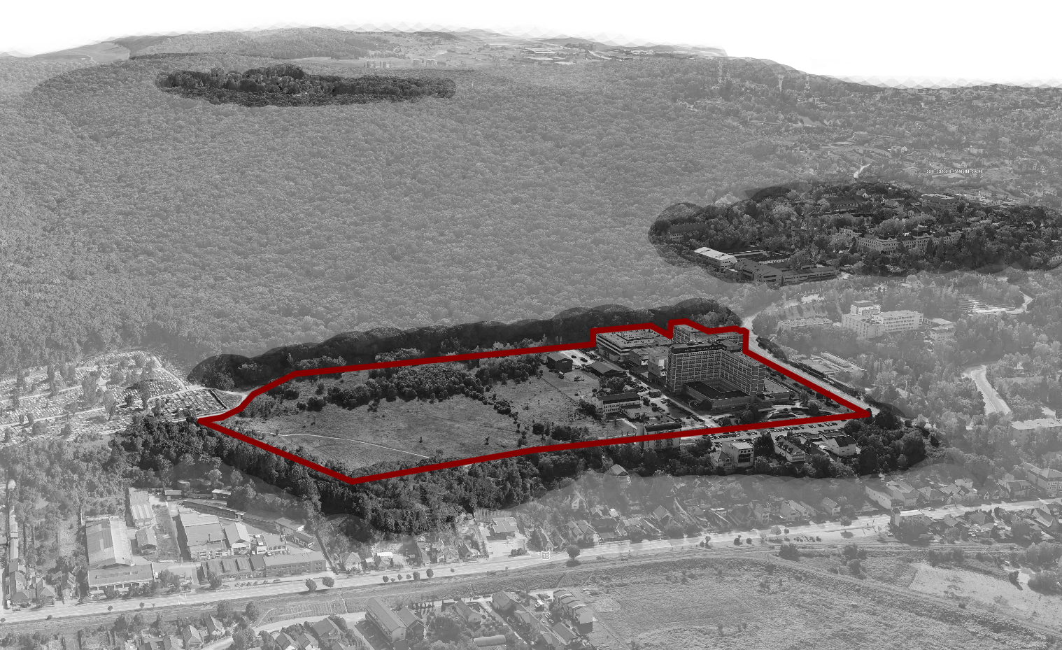 Aerial site view with the studied area outlined in red.
