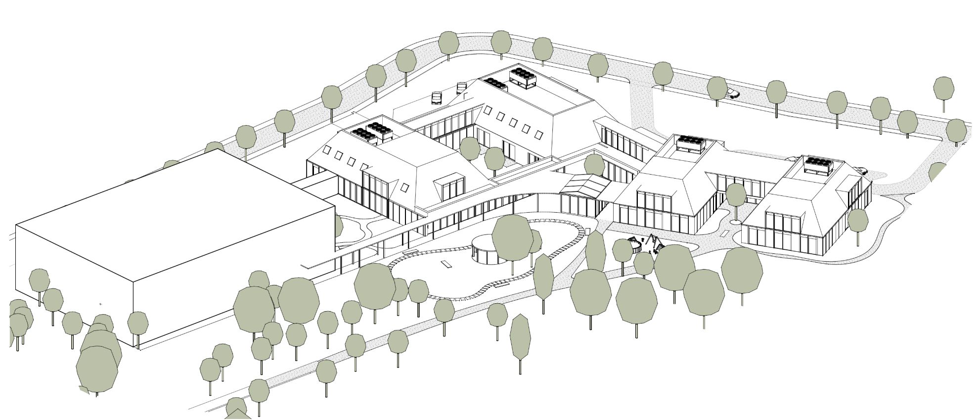 Axonometric view of the proposal, with linked volumes, paths and trees.