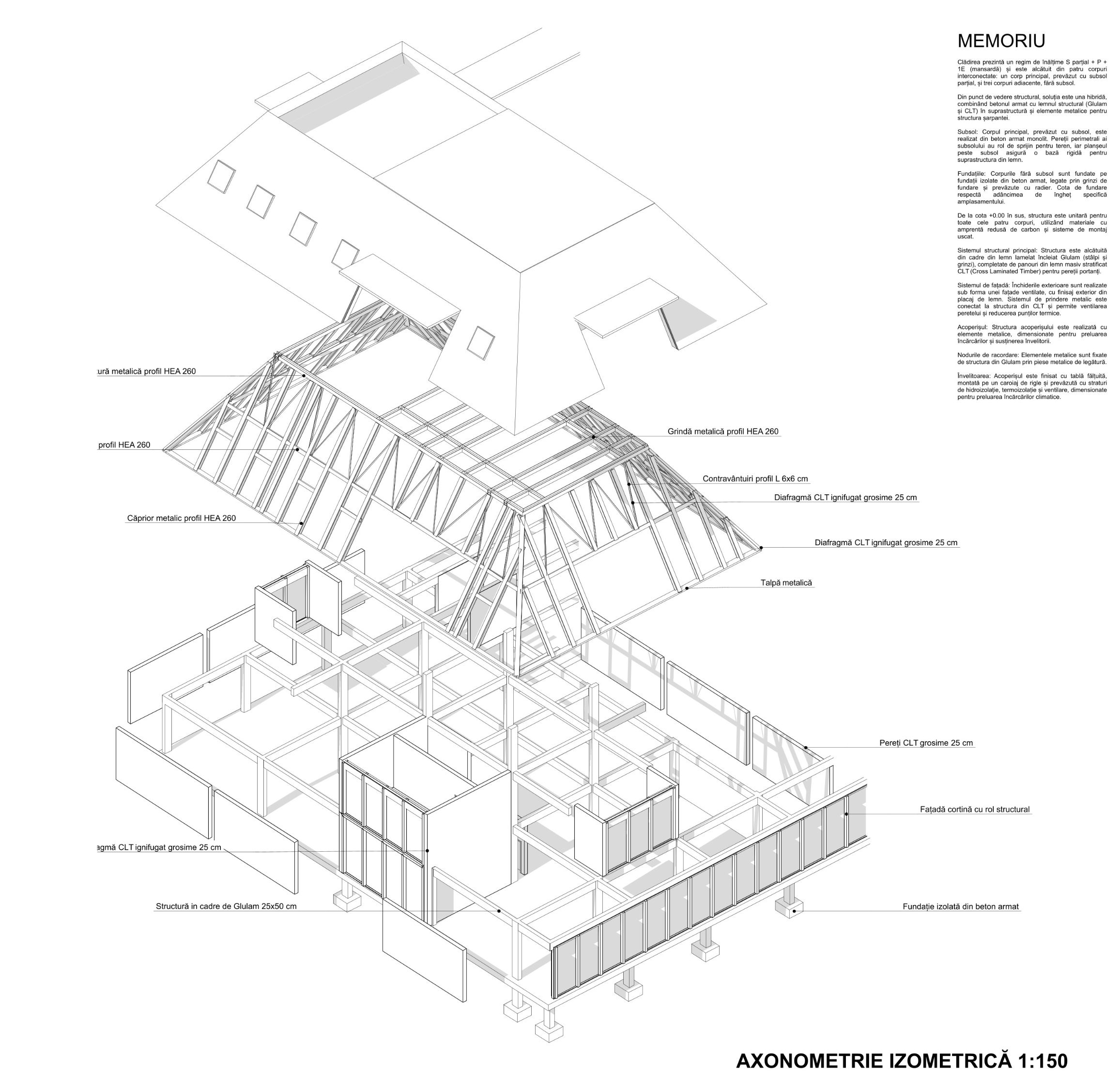 Exploded technical axonometry showing the building’s construction layers.