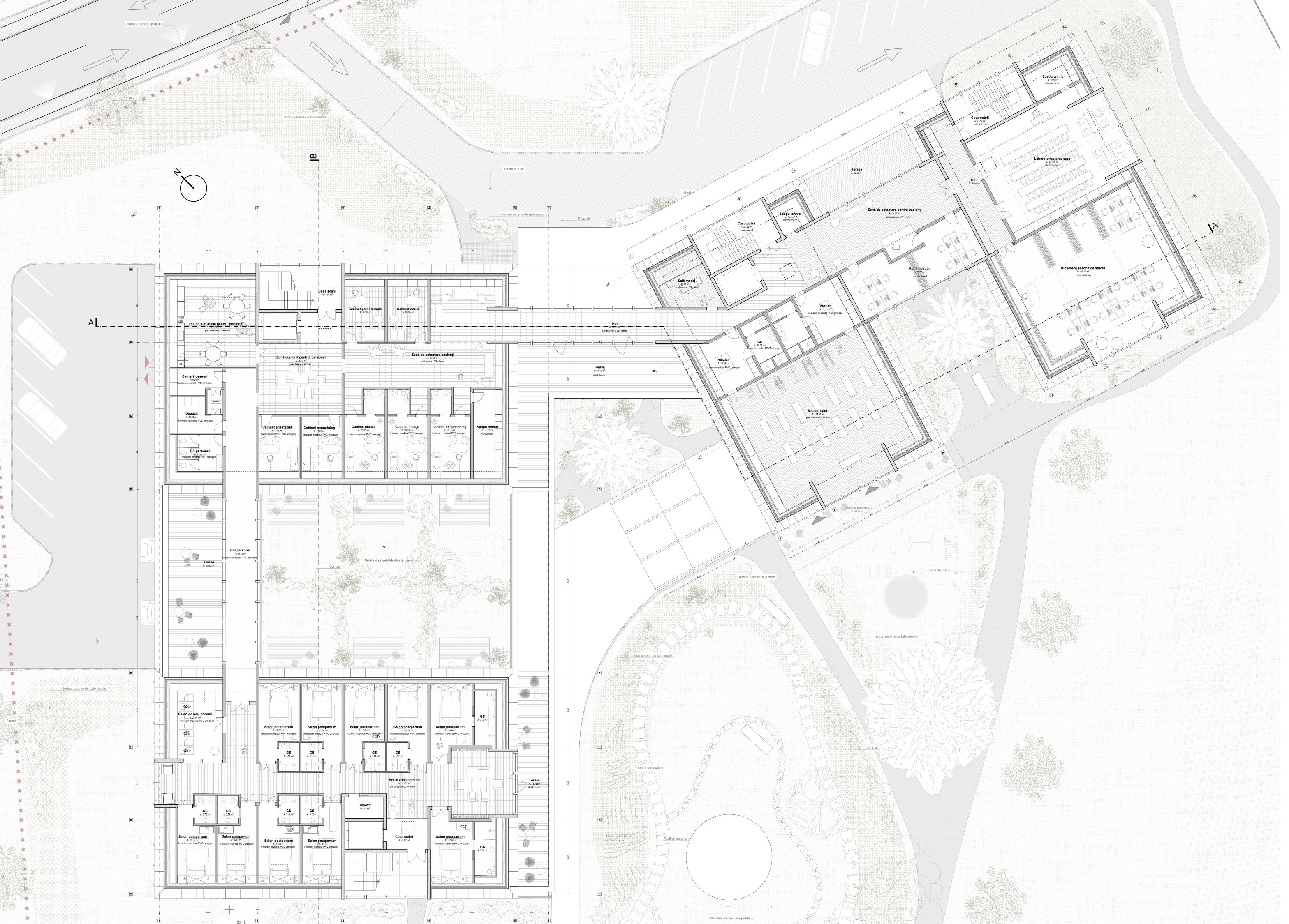 Upper floor: The upper level continues the relationship between care, community and learning. Read the original room labels in the enlarged plan.